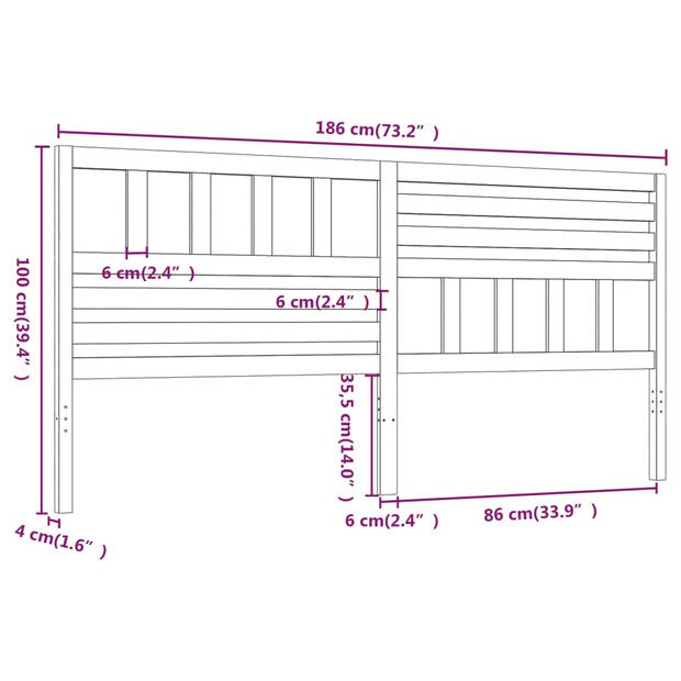 vidaXL Hoofdbord 186x4x100 cm massief grenenhout zwart