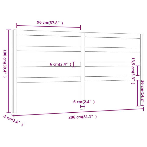 vidaXL Hoofdbord 206x4x100 cm massief grenenhout zwart