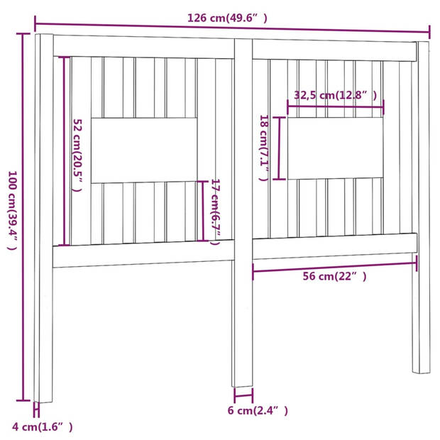 vidaXL Hoofdbord 126x4x100 cm massief grenenhout grijs