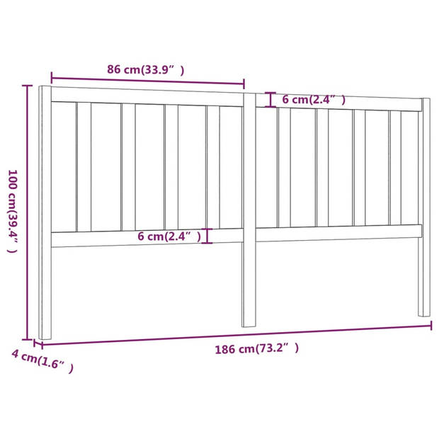 vidaXL Hoofdbord 186x4x100 cm massief grenenhout honingbruin