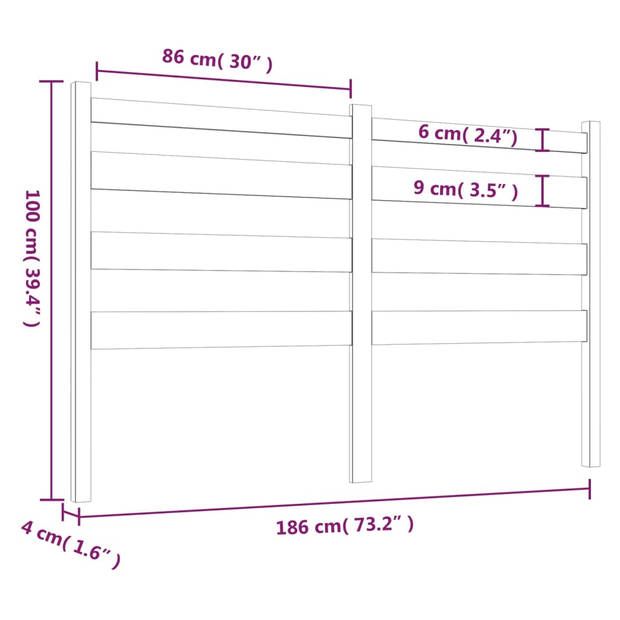 vidaXL Hoofdbord 186x4x100 cm massief grenenhout grijs