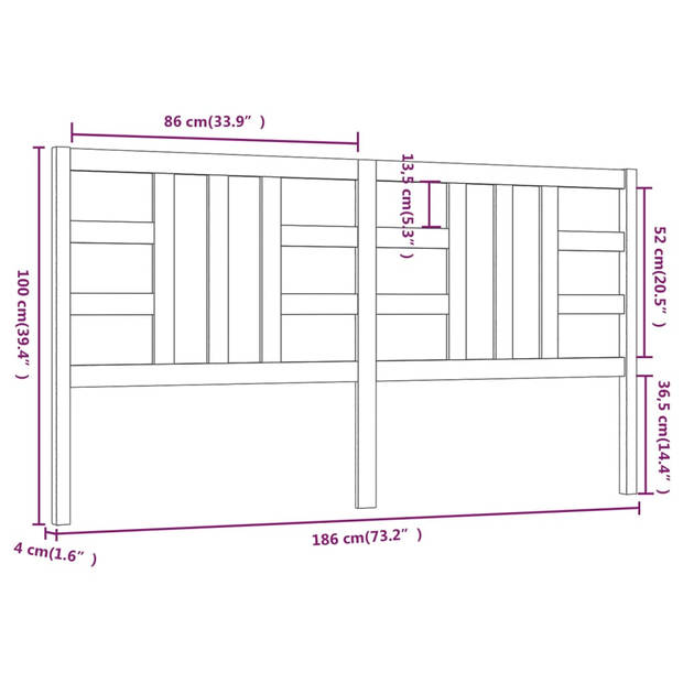 vidaXL Hoofdbord 186x4x100 cm massief grenenhout grijs