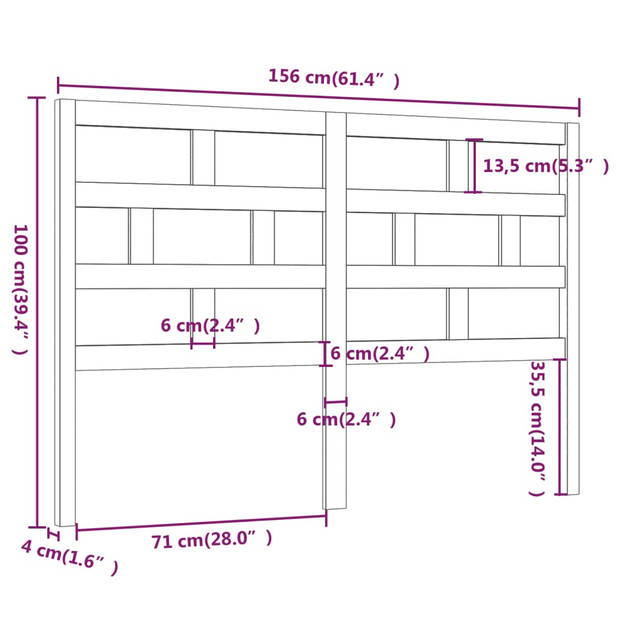 vidaXL Hoofdbord 156x4x100 cm massief grenenhout grijs