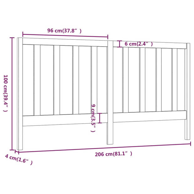 vidaXL Hoofdbord 206x4x100 cm massief grenenhout honingbruin