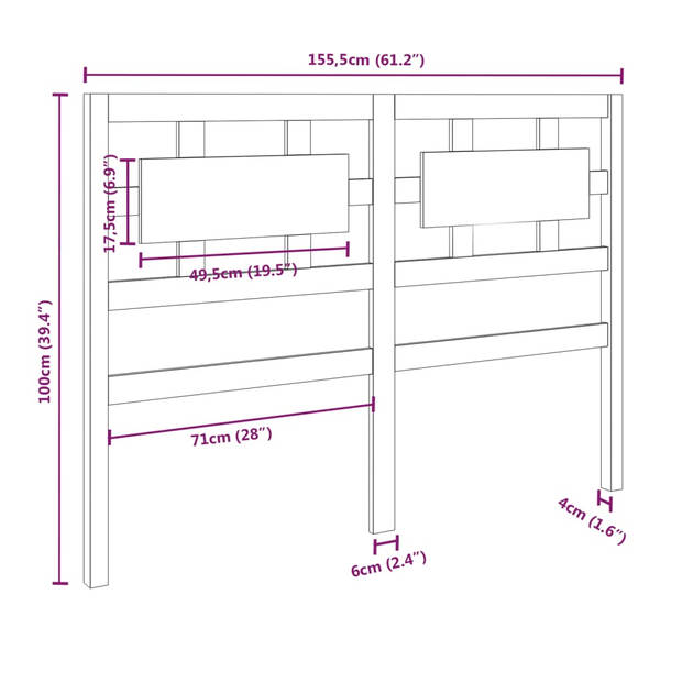 vidaXL Hoofdbord 155,5x4x100 cm massief grenenhout honingbruin