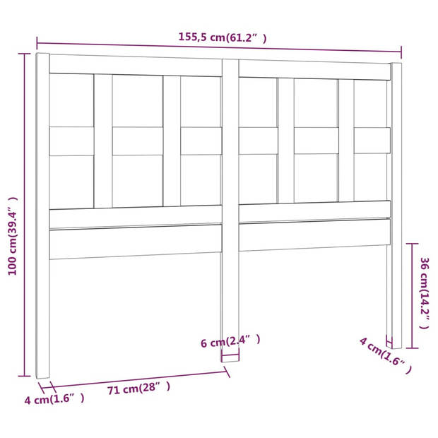 vidaXL Hoofdbord 155,5x4x100 cm massief grenenhout grijs