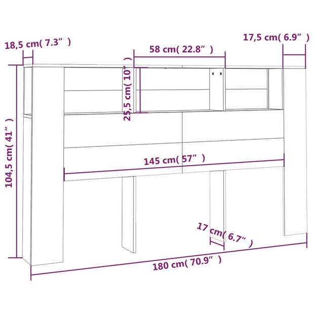 vidaXL Hoofdbordkast 180x18,5x104,5 cm grijs sonoma eikenkleurig