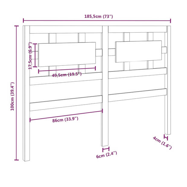 vidaXL Hoofdbord 185,5x4x100 cm massief grenenhout grijs