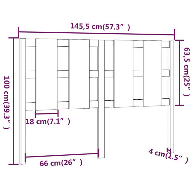 vidaXL Hoofdbord 145,5x4x100 cm massief grenenhout honingbruin