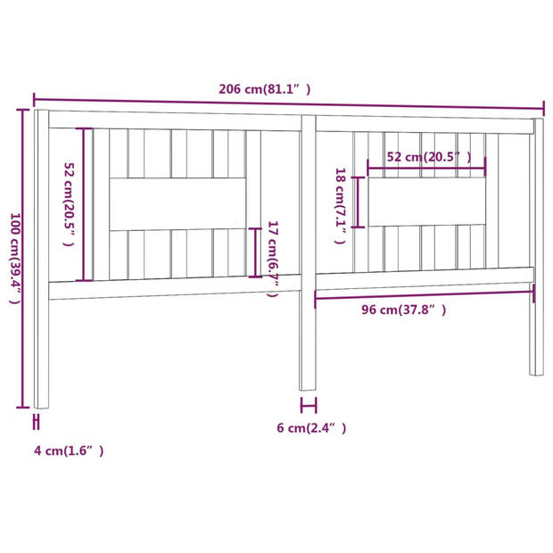 vidaXL Hoofdbord 206x4x100 cm massief grenenhout zwart