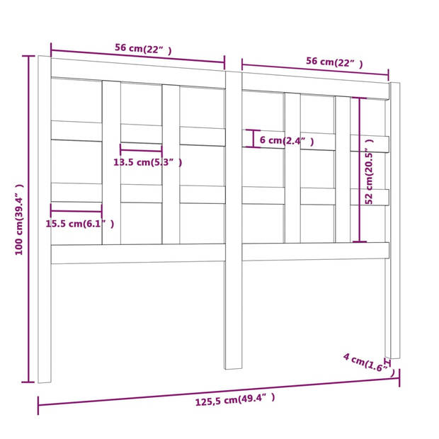 vidaXL Hoofdbord 125,5x4x100 cm massief grenenhout honingbruin