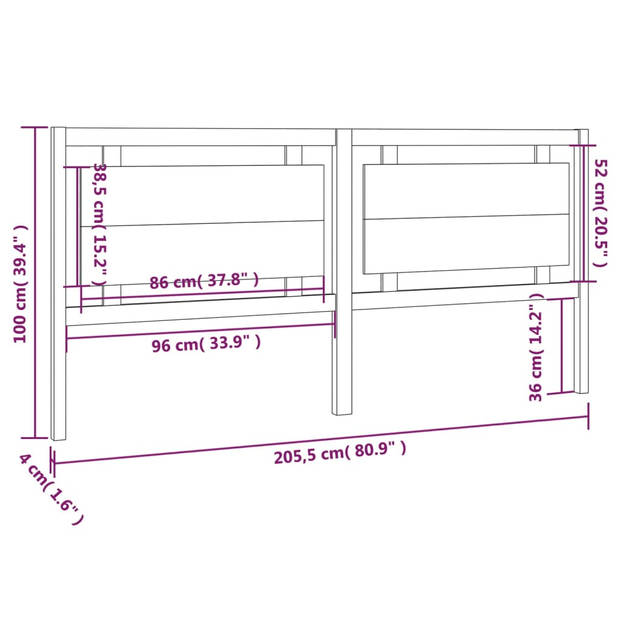 vidaXL Hoofdbord 205,5x4x100 cm massief grenenhout wit