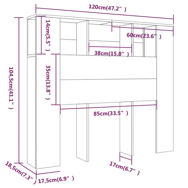 vidaXL Hoofdbordkast 120x18,5x103,5 cm grijs sonoma eikenkleurig