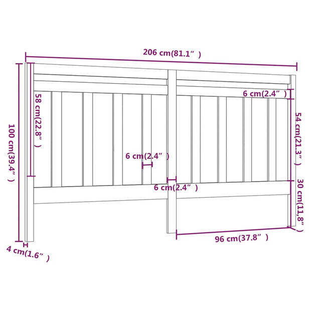 vidaXL Hoofdbord 206x4x100 cm massief grenenhout zwart