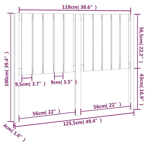 vidaXL Hoofdbord 125,5x4x100 cm massief grenenhout zwart