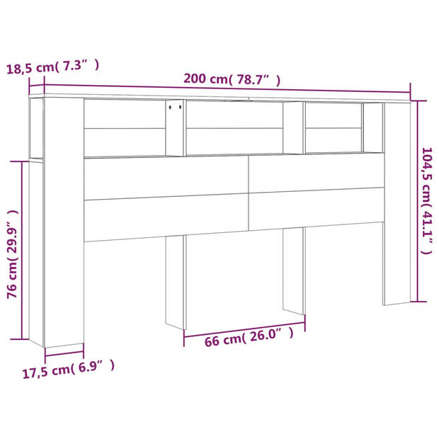 vidaXL Hoofdbordkast 200x18,5x104,5 cm hoogglans wit