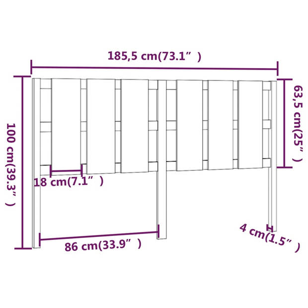 vidaXL Hoofdbord 185,5x4x100 cm massief grenenhout honingbruin