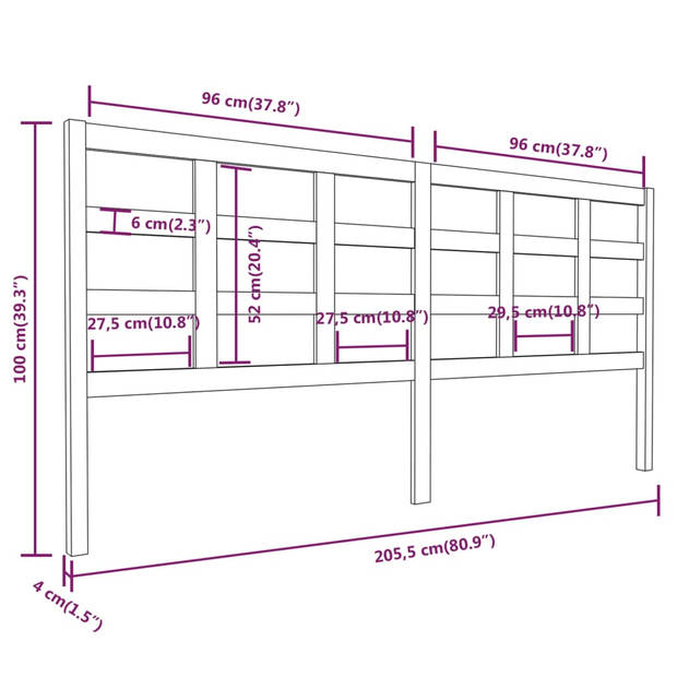 vidaXL Hoofdbord 205,5x4x100 cm massief grenenhout zwart