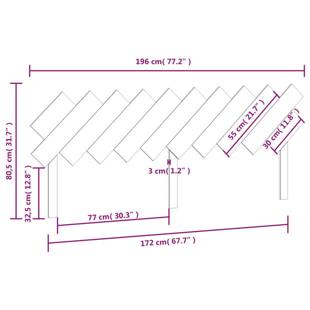 vidaXL Hoofdbord 196x3x80,5 cm massief grenenhout zwart