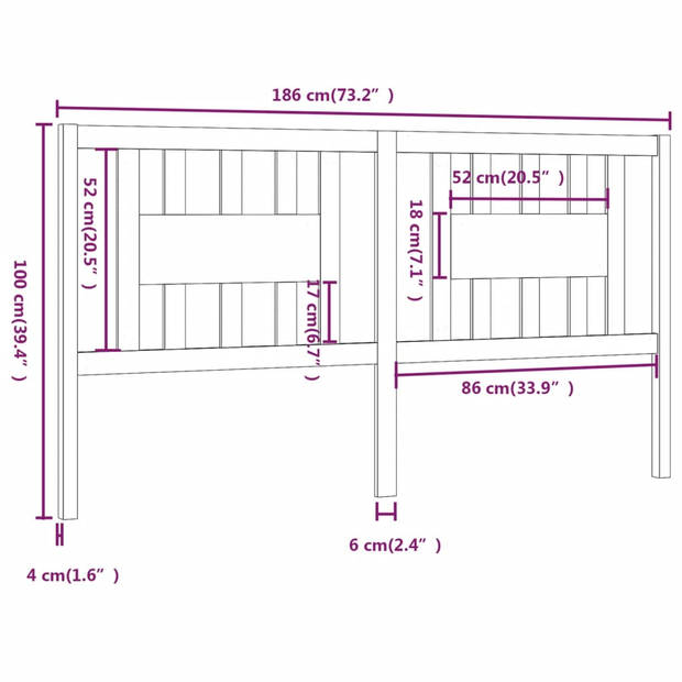 vidaXL Hoofdbord 186x4x100 cm massief grenenhout zwart