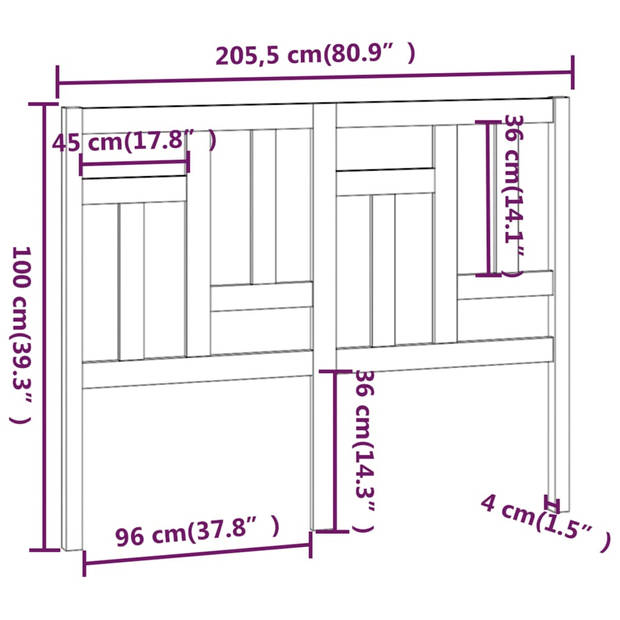 vidaXL Hoofdbord 205,5x4x100 cm massief grenenhout grijs