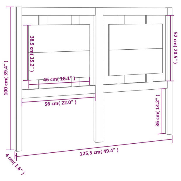 vidaXL Hoofdbord 125,5x4x100 cm massief grenenhout grijs