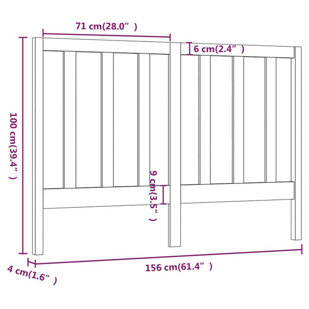 vidaXL Hoofdbord 156x4x100 cm massief grenenhout honingbruin