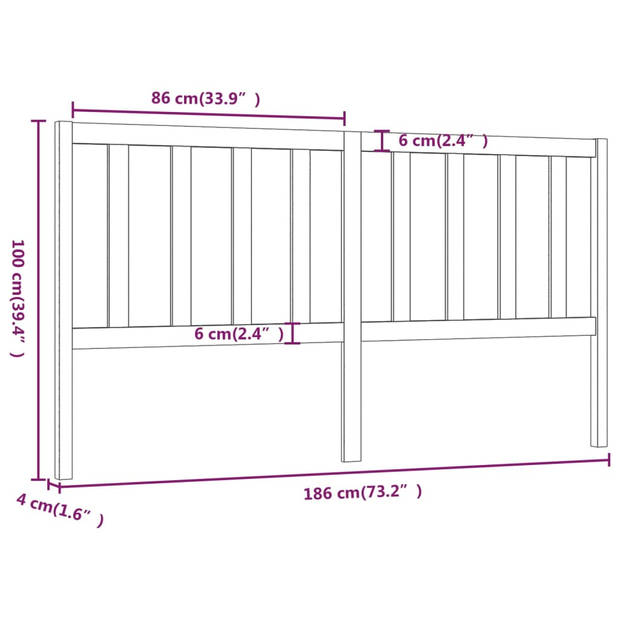 vidaXL Hoofdbord 186x4x100 cm massief grenenhout wit