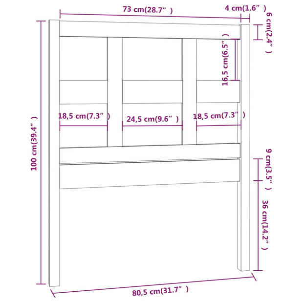 vidaXL Hoofdbord 80,5x4x100 cm massief grenenhout grijs