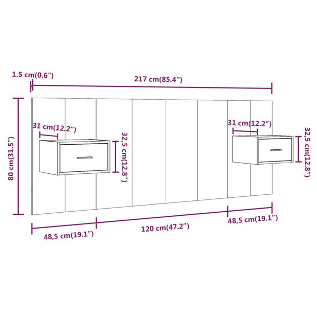 vidaXL Hoofdbord met kastjes bewerkt hout betongrijs