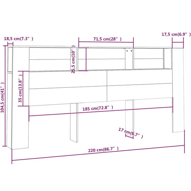 vidaXL Hoofdbordkast 220x18,5x104,5 cm grijs sonoma eikenkleurig