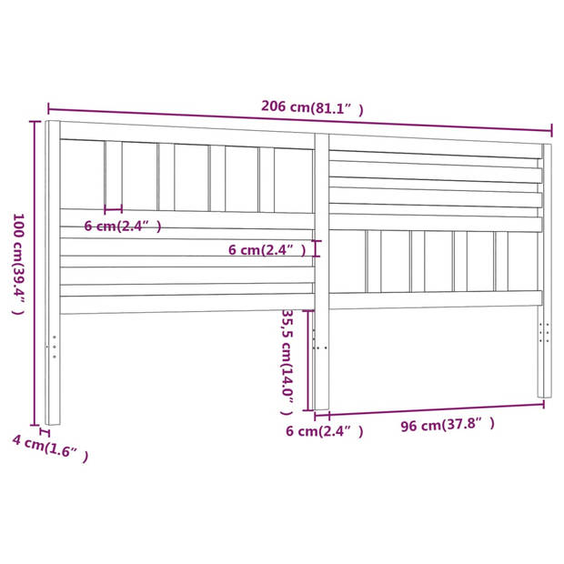 vidaXL Hoofdbord 206x4x100 cm massief grenenhout grijs