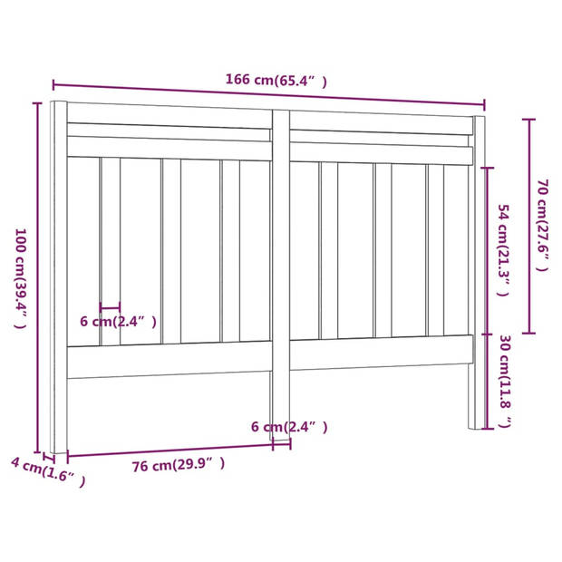 vidaXL Hoofdbord 166x4x100 cm massief grenenhout grijs