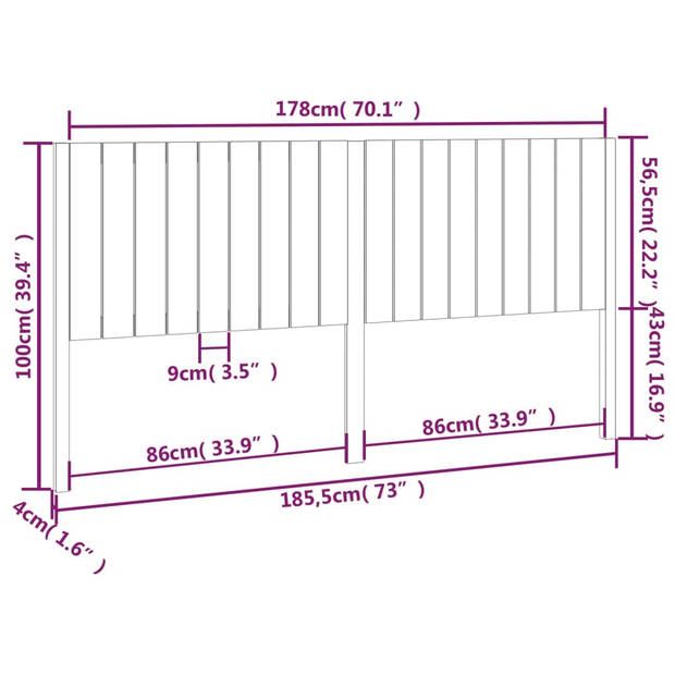 vidaXL Hoofdbord 185,5x4x100 cm massief grenenhout wit