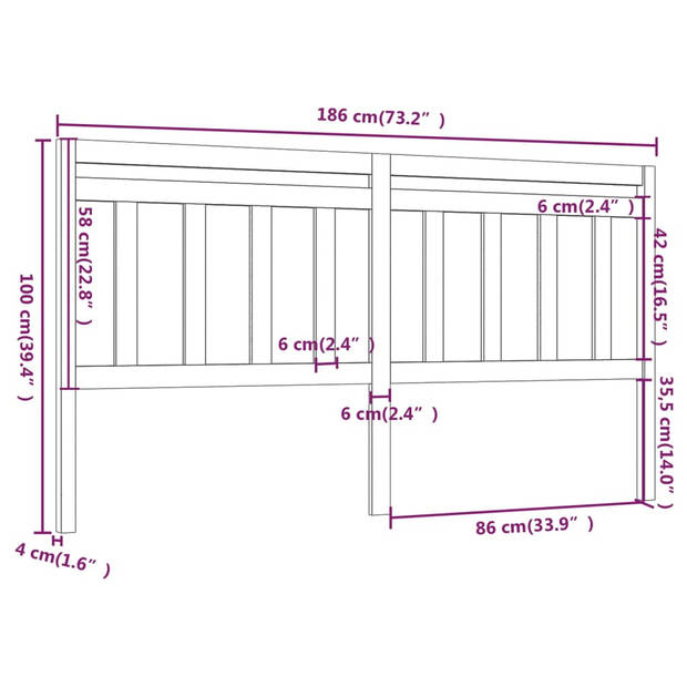 vidaXL Hoofdbord 186x4x100 cm massief grenenhout zwart