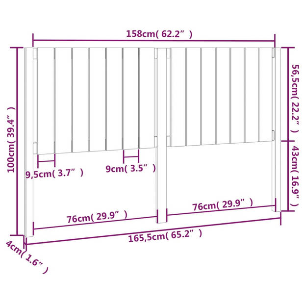 vidaXL Hoofdbord 165,5x4x100 cm massief grenenhout wit