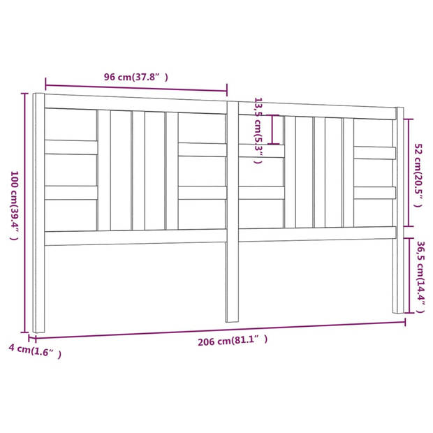 vidaXL Hoofdbord 206x4x100 cm massief grenenhout honingbruin