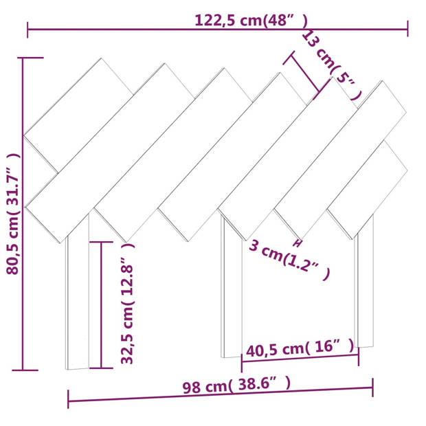 vidaXL Hoofdbord 122,5x3x80,5 cm massief grenenhout honingbruin