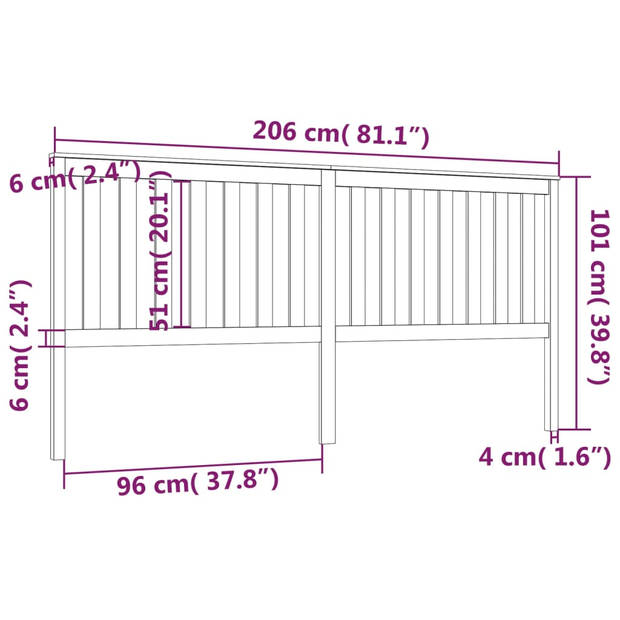 vidaXL Hoofdbord 206x6x101 cm massief grenenhout zwart