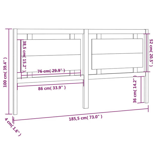 vidaXL Hoofdbord 185,5x4x100 cm massief grenenhout