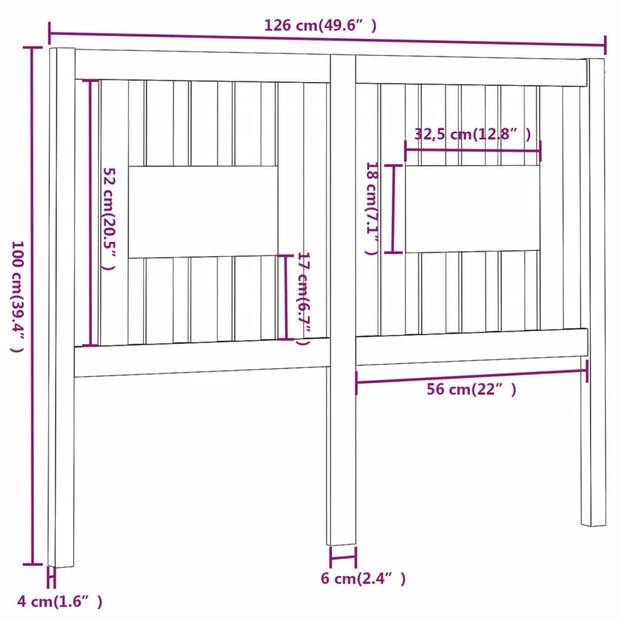 vidaXL Hoofdbord 126x4x100 cm massief grenenhout zwart