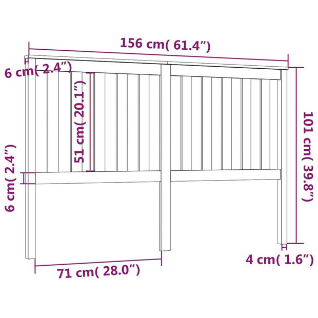 vidaXL Hoofdbord 156x6x101 cm massief grenenhout wit