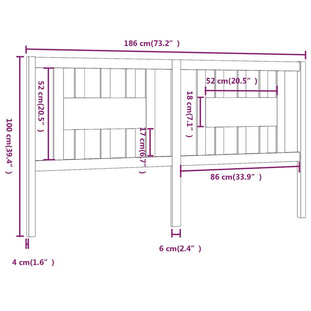 vidaXL Hoofdbord 186x4x100 cm massief grenenhout grijs