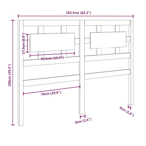 vidaXL Hoofdbord 165,5x4x100 cm massief grenenhout grijs