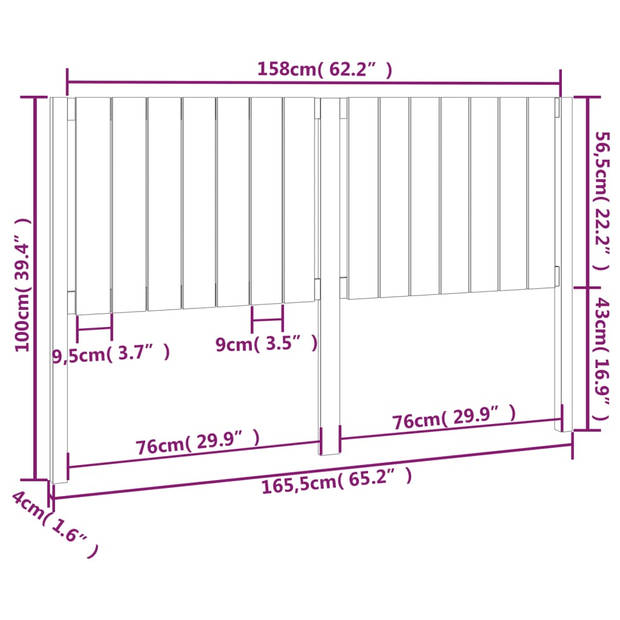 vidaXL Hoofdbord 165,5x4x100 cm massief grenenhout