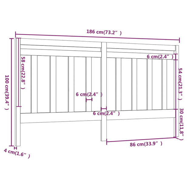 vidaXL Hoofdbord 186x4x100 cm massief grenenhout grijs