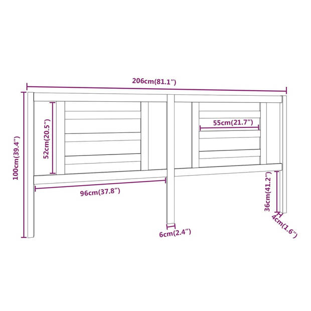 vidaXL Hoofdbord 206x4x100 cm massief grenenhout