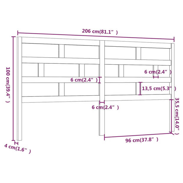 vidaXL Hoofdbord 206x4x100 cm massief grenenhout