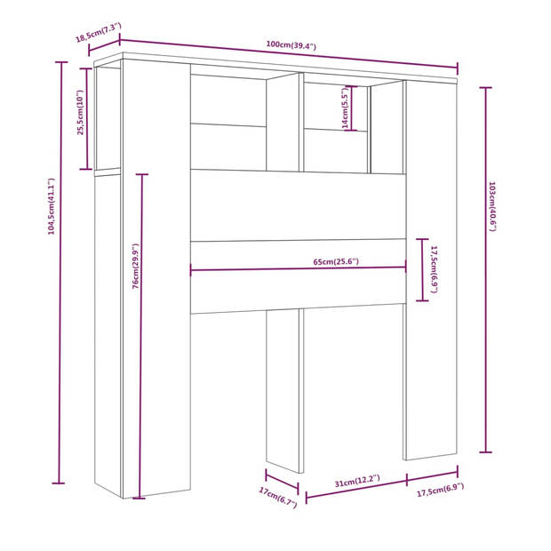 vidaXL Hoofdbordkast 100x18,5x104,5 cm grijs sonoma eikenkleurig