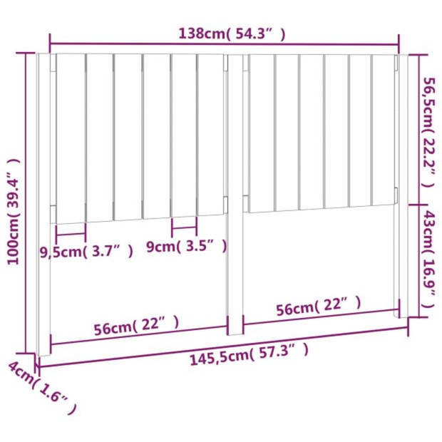 vidaXL Hoofdbord 145,5x4x100 cm massief grenenhout honingbruin